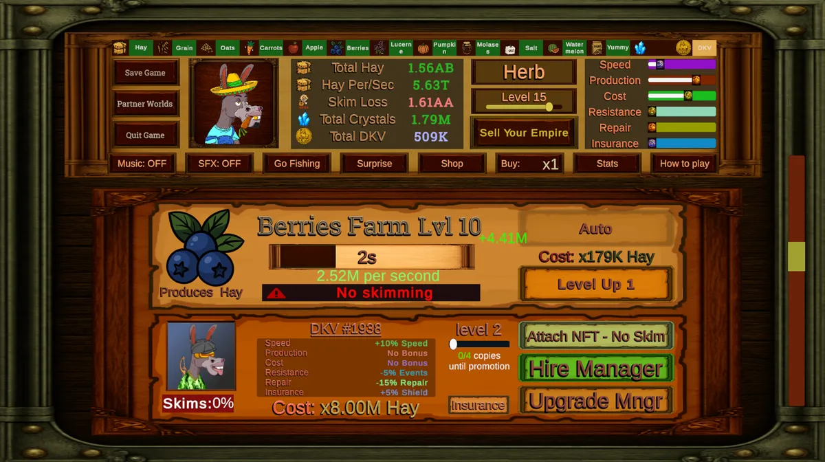 Idle Donkeys main screen with a Berries Farm and an NFT manager