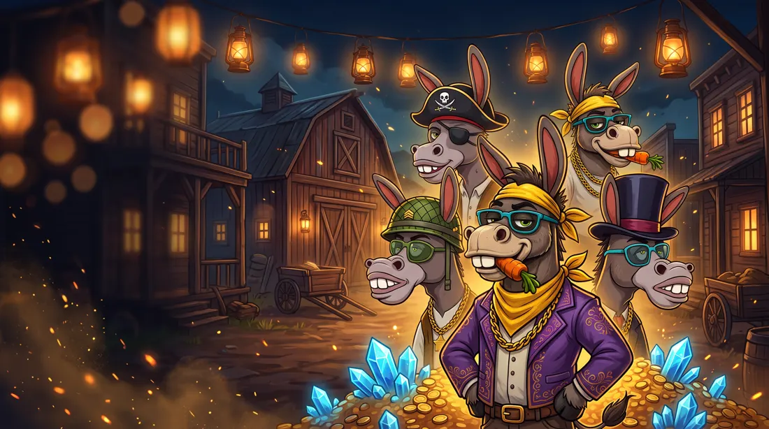 Cartoon donkey managers in pirate, army, graduate, bandana and top-hat costumes standing on gold coins and crystals in a lantern-lit night town