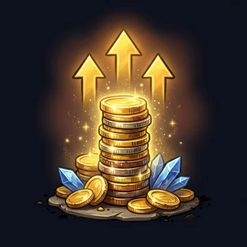 A stack of gold coins with golden arrows rising