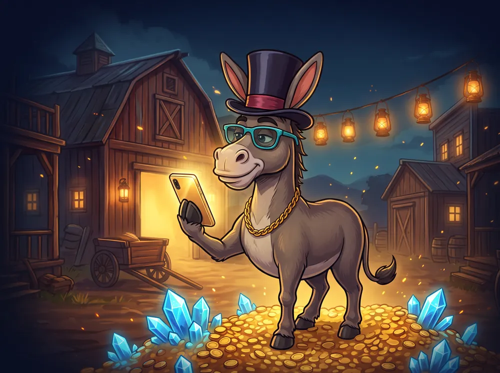 A donkey in a top hat holding up a phone with a glowing gold screen in front of a barn